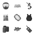 Marker for paintball, equipment, balls and other accessories for the game. Paintball single icon in monochrome style