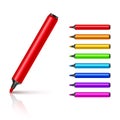 Marker pens, red, green, yellow, blue. Vector set colourful highlighters. Drawing pencil tool. Marker art highlighter.