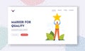 Marker for Quality Landing Page Template. Ranking Evaluation and Classification. Tiny Client Male Character Holding Star