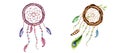 Marker set illustrations of ethnic wooden wicker wreath, woven willow hoop dreamcatchers of twigs with spring leaves