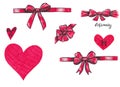 Marker set of Valentine day elements for design. Ornamental ribbon, hearts, bow.