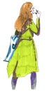 Marker street illustration, sketch, girl in long green coat eating while walking