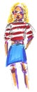 Marker street illustration, sketch, girl in t-shirt with white and red stripes