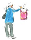 Marker street illustration, sketch, old middle aged woman shopping