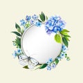 Colorful floral background with beautiful flowers. Blue hydrangea, butterfly and leaves.