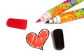 The markers on the background of drawn heart Royalty Free Stock Photo