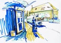 Markers drawing of street city Kyiv Ukraine with busstation, roa Royalty Free Stock Photo