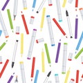 Markers, liners, handles capillary and colored pencils seamless pattern, art background. Vector multicolored art