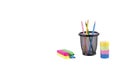 Markers and other colorful office stationery closeup on white Royalty Free Stock Photo