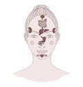 Markers of reflexology zones. Projection of the internal organs on the face of a woman. Isolated on white background