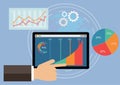 Analysis of market trends on a tablet With line charts and graphs Design a statistical infographic on the screen. Mobile technolog