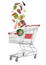 Market assortment. Different products falling into shopping cart on white background