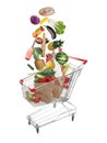 Market assortment. Different products falling into shopping cart on white background