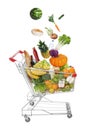Market assortment. Different products falling into shopping cart on white background