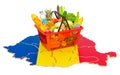 Market basket or purchasing power in Romania concept. Shopping basket with Romanian map, 3D rendering