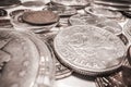 Close Up Of American Silver Coin Currency Spread On Table
