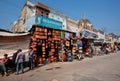 Market with camel leather bags and indian souvenirs Royalty Free Stock Photo