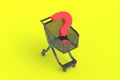 Market cart and question mark. Shopping concept. Purchase choice. Product quality. Unknown sales