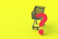 Market cart and question mark. Shopping concept. Purchase choice. Product quality. Unknown sales