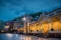 The Market Colonnade Trzni kolonada wooden colonnade with lights and hot springs in town Karlovy Vary Carlsbad historical centre Royalty Free Stock Photo