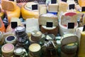 Market counter with different cheese kinds