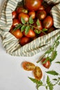 Market delivary of brown tomatoes in eco textile bag, Zero waste