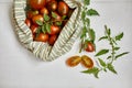 Market delivary of brown tomatoes in eco textile bag, Zero waste