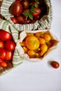 Market delivary of Different kinds of tomatoes in eco textile bag, Zero waste
