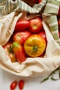 Market delivary of Different kinds of tomatoes in eco textile bag, Zero waste