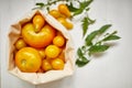 Market delivary of yellow tomatoes in eco textile bag, Zero waste