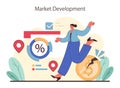 Market Development concept. Energetic businesswoman navigating growth with symbols