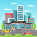 Market exterior, supermarket building, grocery store in modern cityscape with mall parking vector illustration
