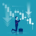 Market finance fall. Financial graph down. Businessman kneeling in front of a falling market. Royalty Free Stock Photo