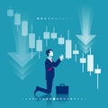 Market finance fall. Financial graph down. Businessman kneeling in front of a falling market Royalty Free Stock Photo