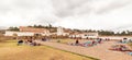 Market with handmade alpaca textile products in Chinchero, Peru