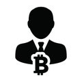 Market icon vector bitcoin blockchain cryptocurrency with male person profile avatar for digital wallet in a glyph pictogram