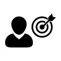 Market icon vector bullseye target dartboard with male user profile avatar symbol for business development goals in glyph