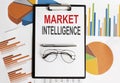 Market Intelligence. Conceptual background with chart ,papers, pen and glasses, business concept Royalty Free Stock Photo