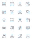 Market monitoring linear icons set. Analysis, Forecasting, Insights, Tracking, Reporting, Metrics, Trends line vector