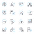 Market monitoring linear icons set. Analysis, Forecasting, Insights, Tracking, Reporting, Metrics, Trends line vector