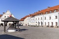 Market in old city of Kazimierz Dolny at Vistula river, wooden well, Poland