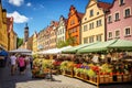 Market in the old town of Rothenburg ob der Tauber, Germany, AI Generated