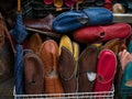 Colorful men`s slippers and shoes in Granada market, Andalusia, Spain, Espana