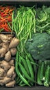 market produce basket holds organic green vegetables for sale Royalty Free Stock Photo