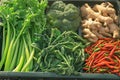 market produce basket holds organic green vegetables for sale Royalty Free Stock Photo