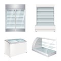 Market refrigerators. Empty commercial equipment showcase for store vector realistic refrigerators
