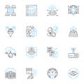 Market researching linear icons set. Demographics, Surveys, Sampling, Branding, Focus groups, Feedback, Target audience