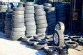 Market of second hand used tyres in Vilnius city Royalty Free Stock Photo