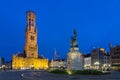 Market square and Belfort tower at night, Bruges, Belgium Royalty Free Stock Photo