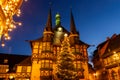 Market square historic city hall Wernigerode in Harz region of Sachsen-Anhalt Land Germany evening night sky. Christmas Royalty Free Stock Photo